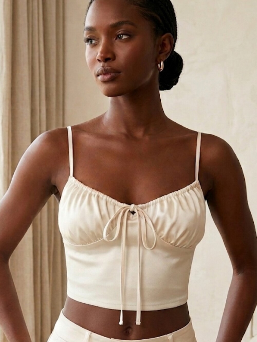 Forever 21 Ivory Satin Tie-Front Crop Top Smocked Small Flawed